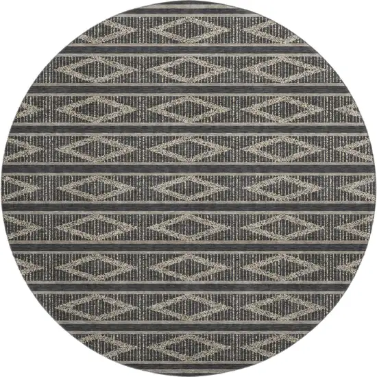 8' Black And Taupe Geometric Washable Round Rug With UV Protection Photo 1