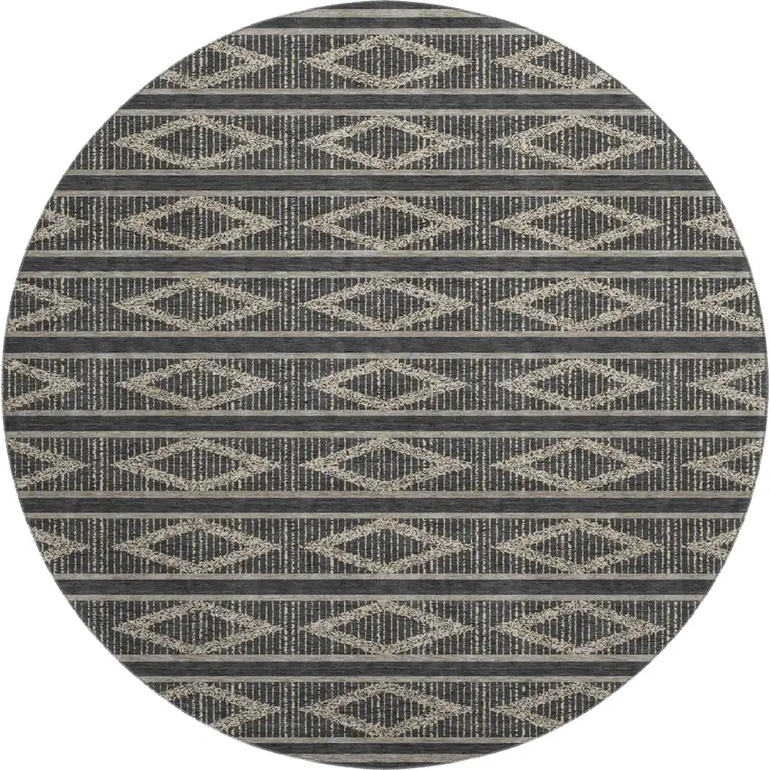 8' Black And Taupe Geometric Washable Round Rug With UV Protection Photo 1