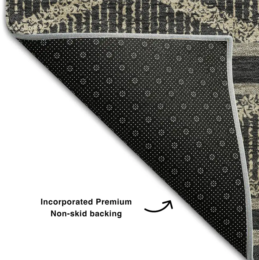 8' Black And Taupe Geometric Washable Round Rug With UV Protection Photo 5