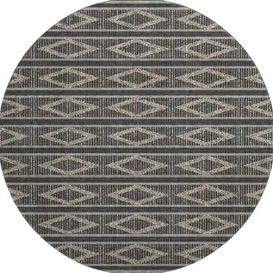 8' Black And Taupe Geometric Washable Round Rug With UV Protection Photo 3