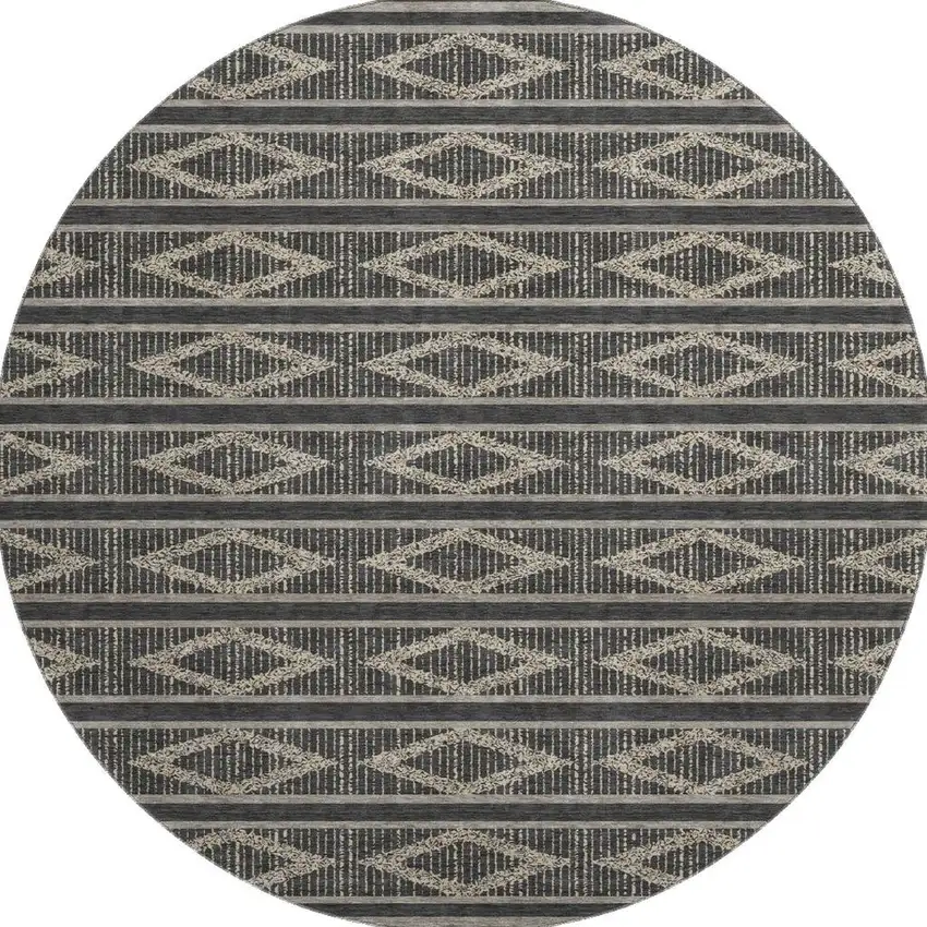 8' Black And Taupe Geometric Washable Round Rug With UV Protection Photo 3