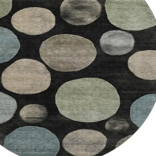 8' Black And Taupe Geometric Washable Round Rug With UV Protection Photo 3