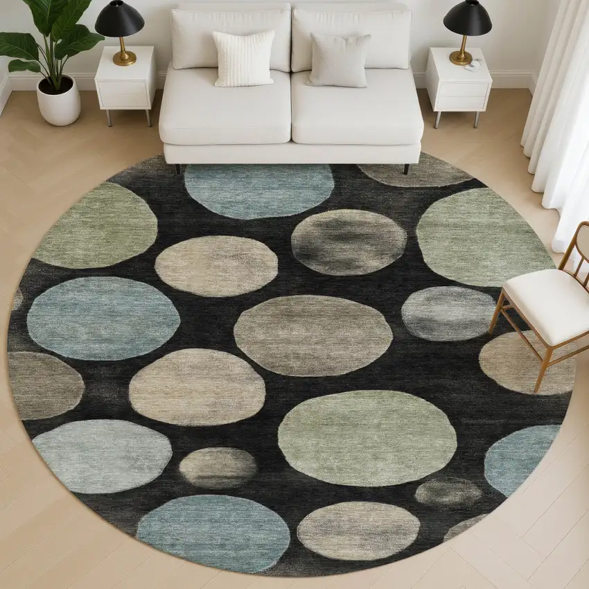 8' Black And Taupe Geometric Washable Round Rug With UV Protection Photo 5