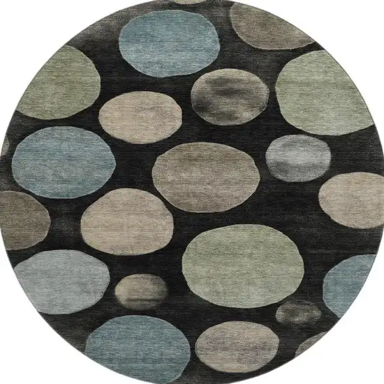 8' Black And Taupe Geometric Washable Round Rug With UV Protection Photo 4