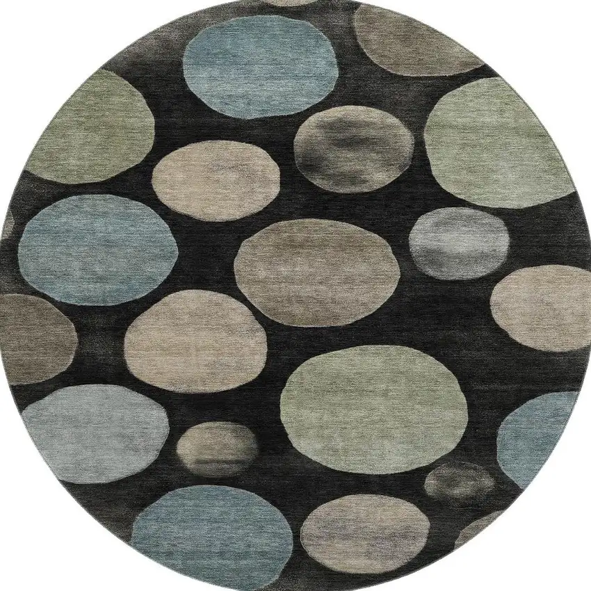 8' Black And Taupe Geometric Washable Round Rug With UV Protection Photo 4