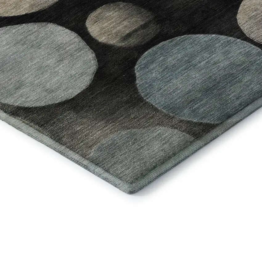 8' Black And Taupe Geometric Washable Round Rug With UV Protection Photo 6