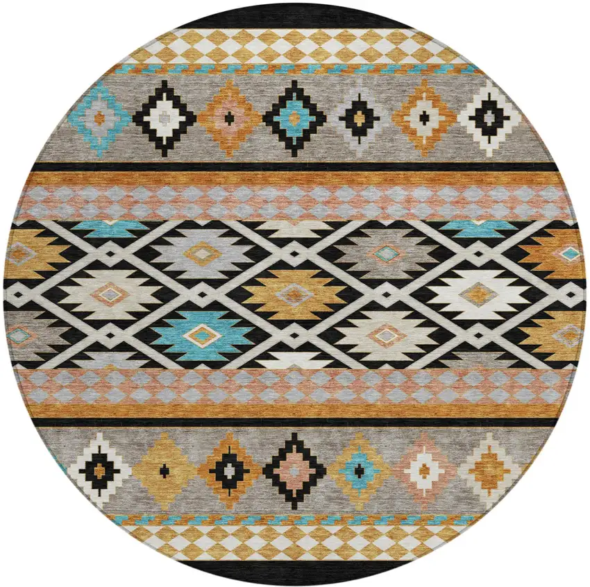 8' Black And Taupe Round Southwestern Washable Indoor Outdoor Area Rug Photo 5