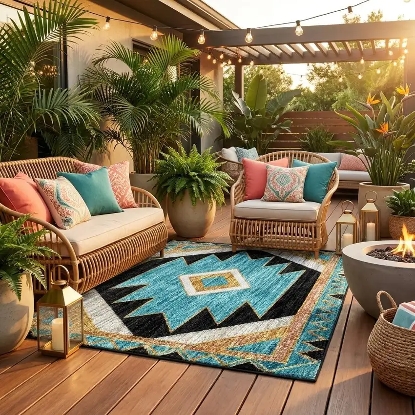 8' Black And Taupe Round Southwestern Washable Indoor Outdoor Area Rug Photo 1