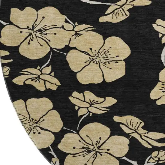 8' Black And Wheat Floral Washable Round Rug With UV Protection Photo 2