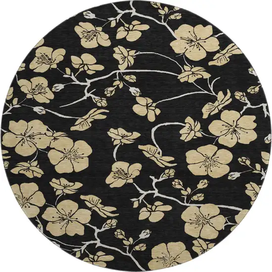 8' Black And Wheat Floral Washable Round Rug With UV Protection Photo 1