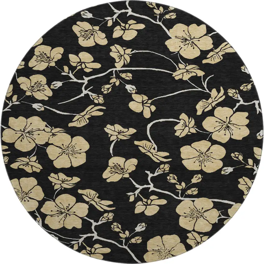 8' Black And Wheat Floral Washable Round Rug With UV Protection Photo 1