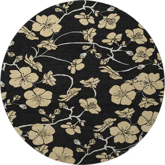 8' Black And Wheat Floral Washable Round Rug With UV Protection Photo 3