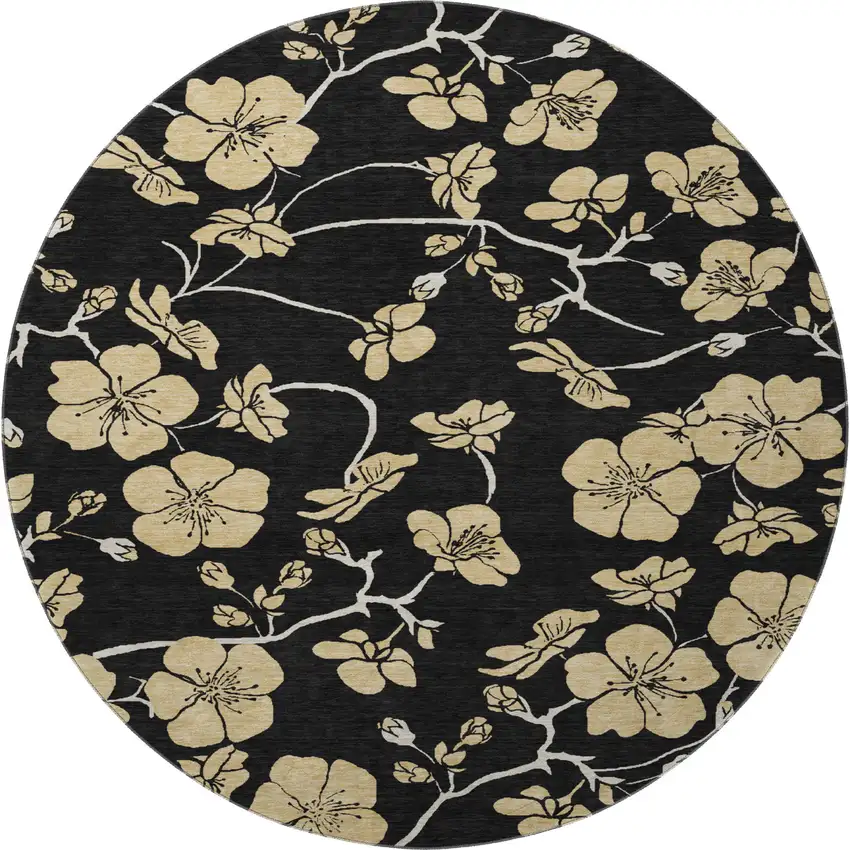 8' Black And Wheat Floral Washable Round Rug With UV Protection Photo 3