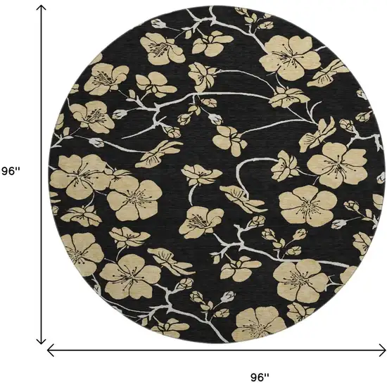 8' Black And Wheat Floral Washable Round Rug With UV Protection Photo 9