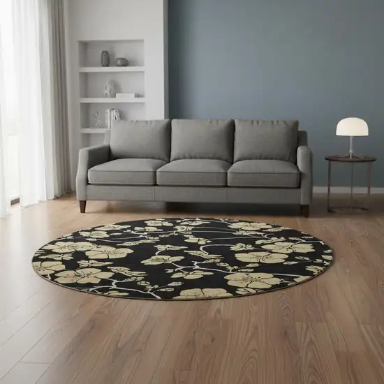8' Black And Wheat Floral Washable Round Rug With UV Protection Photo 2