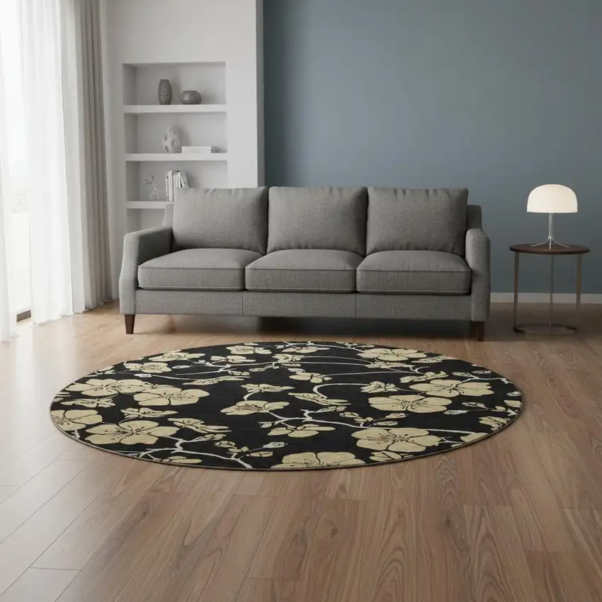 8' Black And Wheat Floral Washable Round Rug With UV Protection Photo 2