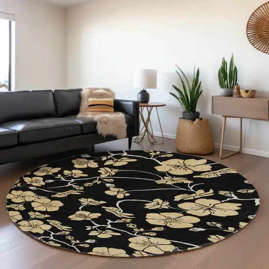 8' Black And Wheat Floral Washable Round Rug With UV Protection Photo 4