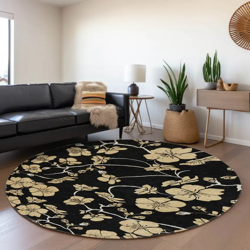 8' Black And Wheat Floral Washable Round Rug With UV Protection Photo 4