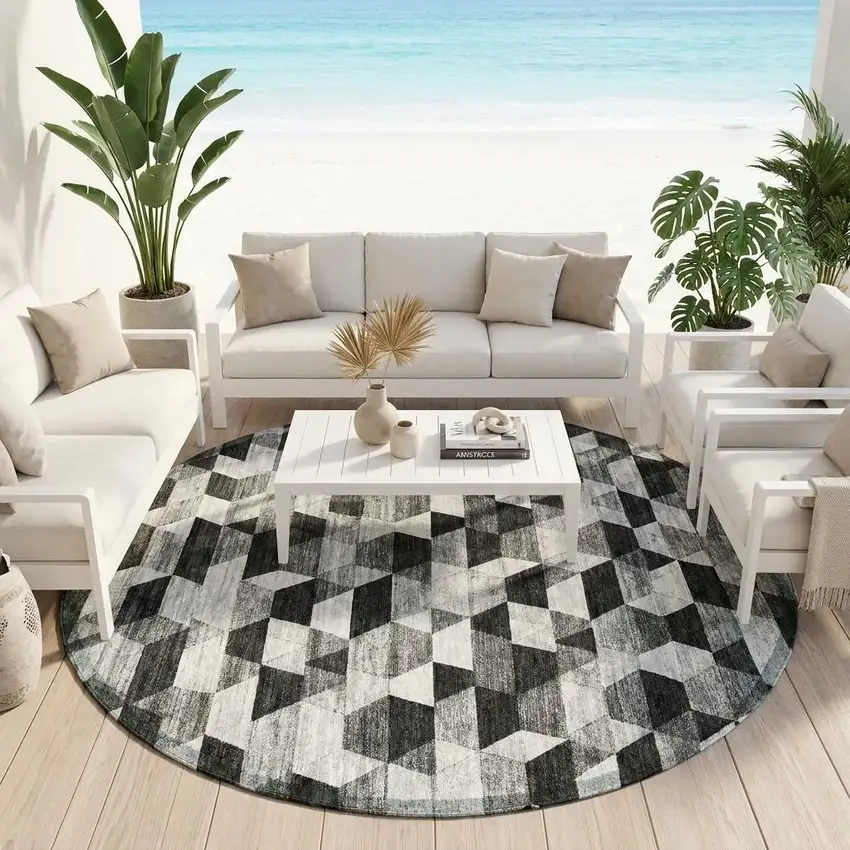 8' Black And Wheat Round Geometric Washable Indoor Outdoor Area Rug Photo 1