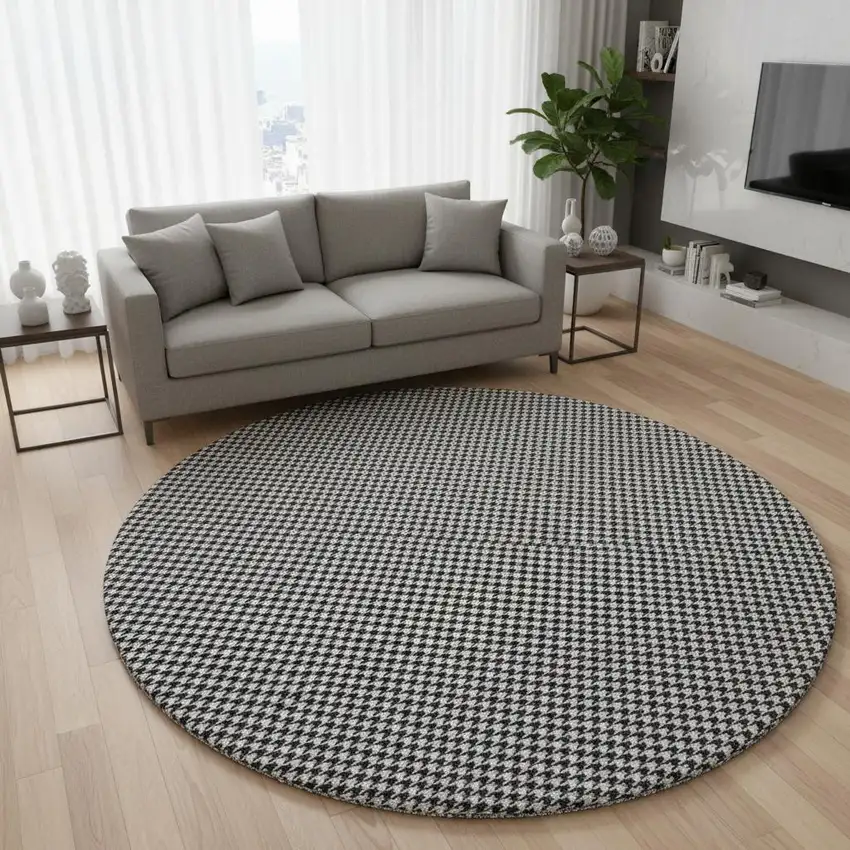 8' Black And White Houndstooth Washable Round Rug With UV Protection Photo 1