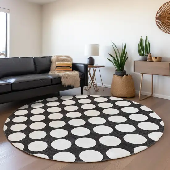 8' Black And White Polka Dot Washable Round Rug With UV Protection Photo 5