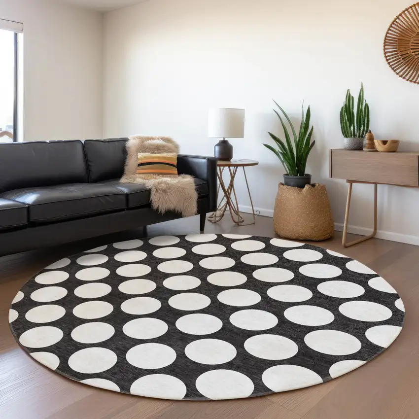 8' Black And White Polka Dot Washable Round Rug With UV Protection Photo 5