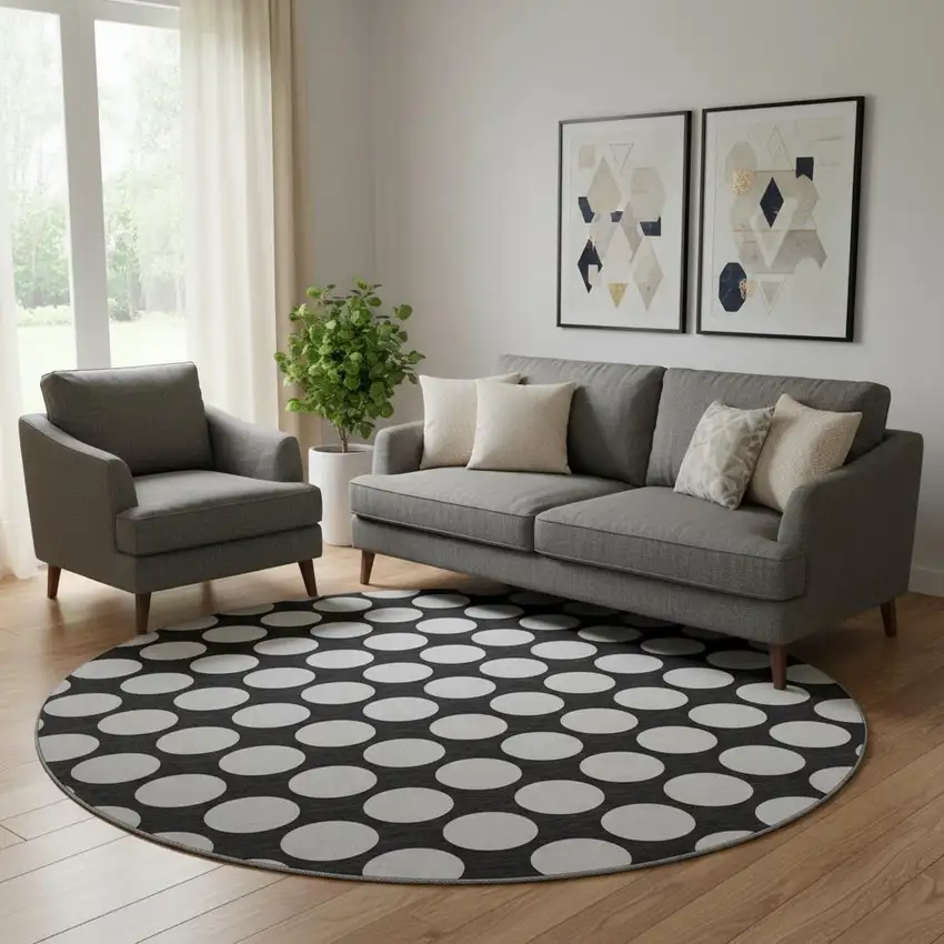 8' Black And White Polka Dot Washable Round Rug With UV Protection Photo 1