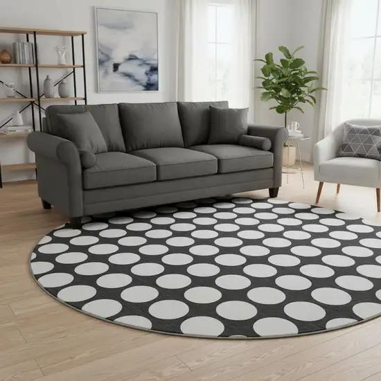 8' Black And White Polka Dot Washable Round Rug With UV Protection Photo 2