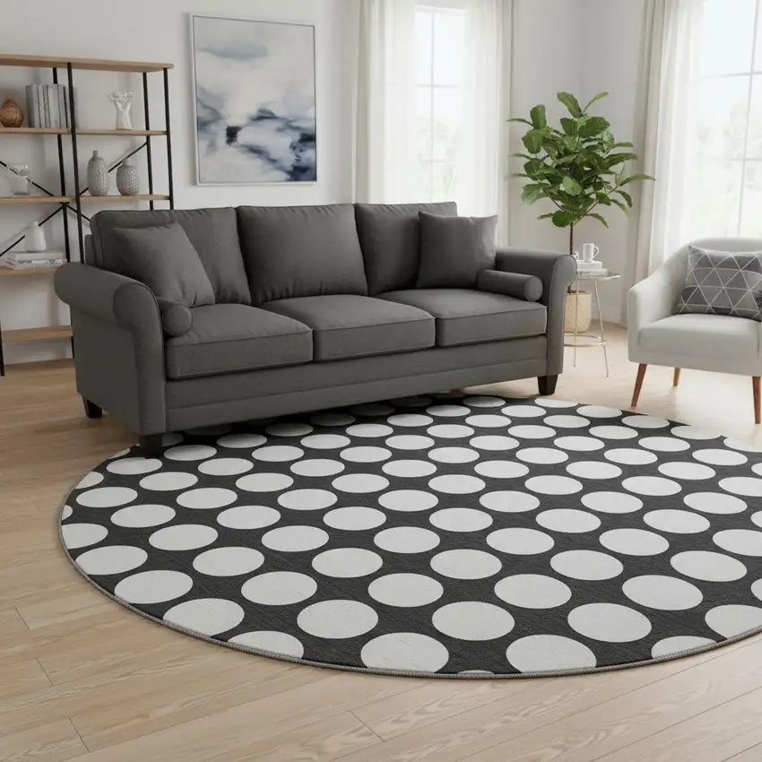 8' Black And White Polka Dot Washable Round Rug With UV Protection Photo 2