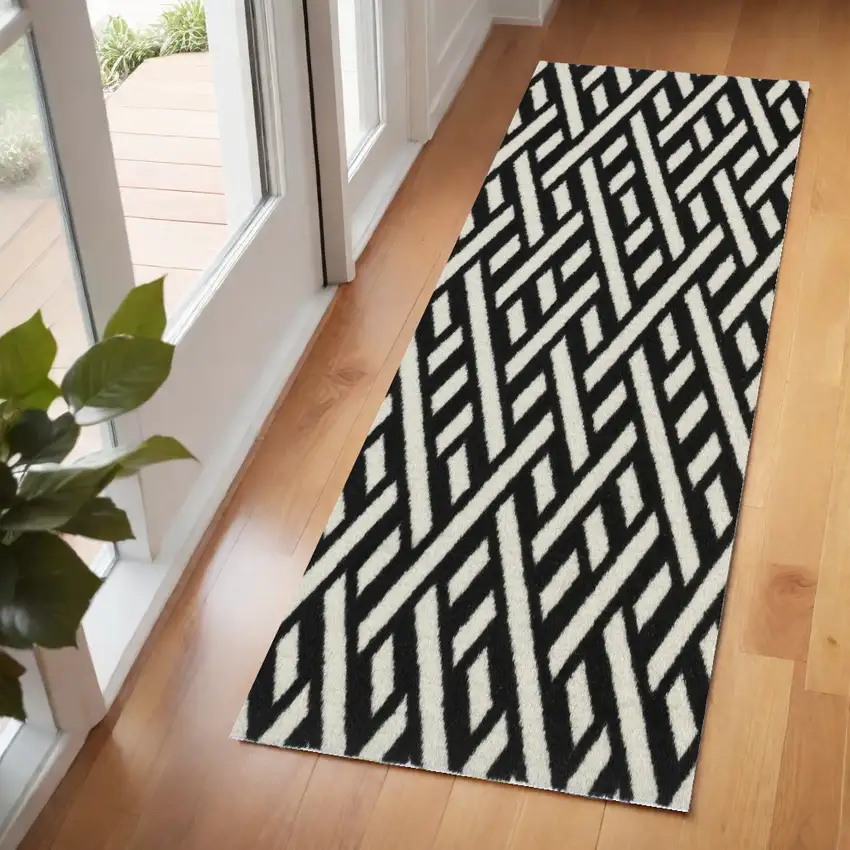 6' Black And White Trellis Washable Runner Rug With UV Protection Photo 1