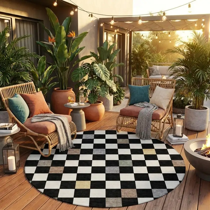 8' Black And Yellow Round Geometric Washable Indoor Outdoor Area Rug Photo 1