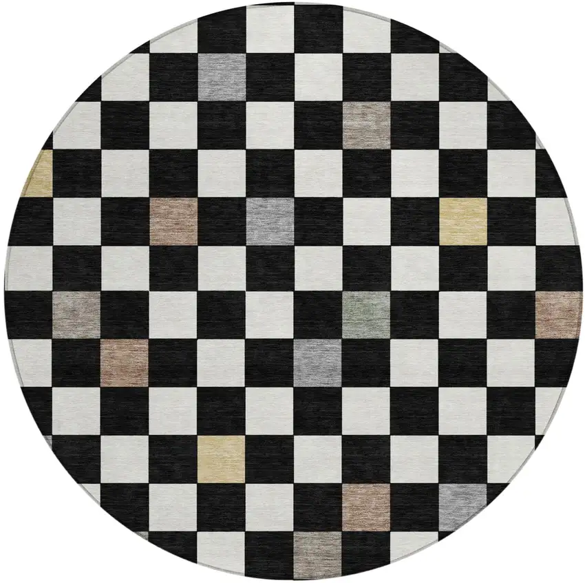 8' Black And Yellow Round Geometric Washable Indoor Outdoor Area Rug Photo 2
