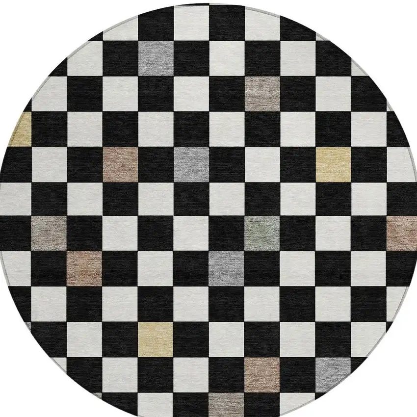 8' Black And Yellow Round Geometric Washable Indoor Outdoor Area Rug Photo 4