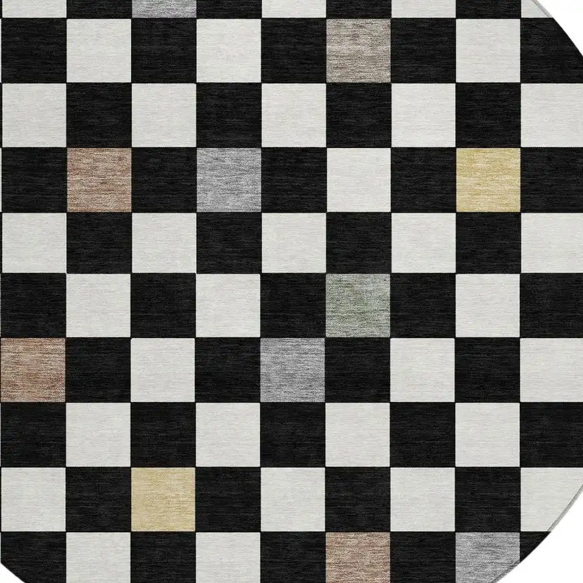 8' Black And Yellow Round Geometric Washable Indoor Outdoor Area Rug Photo 3