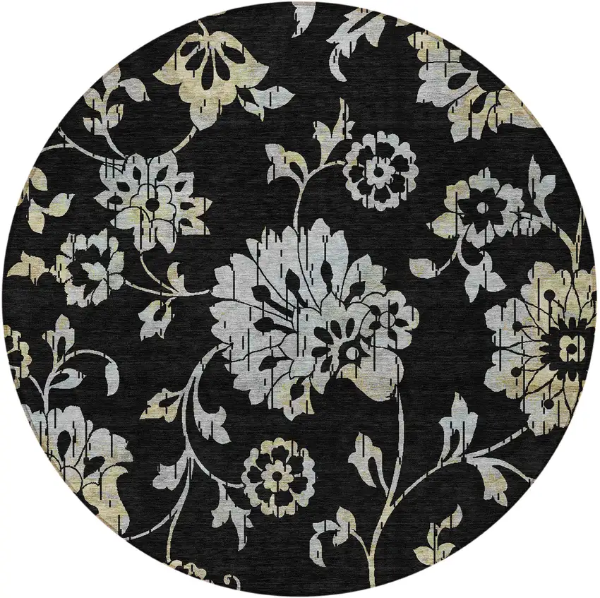 8' Black Artichoke Green And Silver Round Floral Washable Indoor Outdoor Area Rug Photo 5