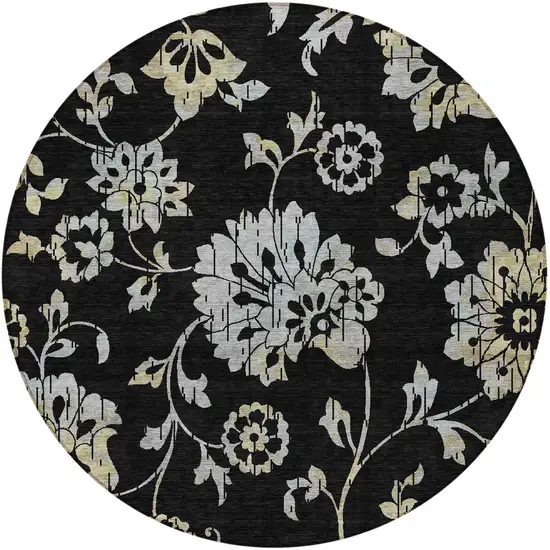 8' Black Artichoke Green And Silver Round Floral Washable Indoor Outdoor Area Rug Photo 5