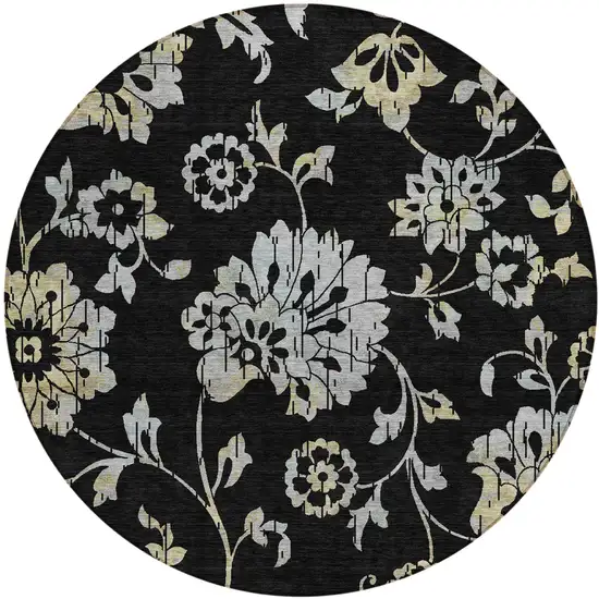 8' Black Artichoke Green And Silver Round Floral Washable Indoor Outdoor Area Rug Photo 2