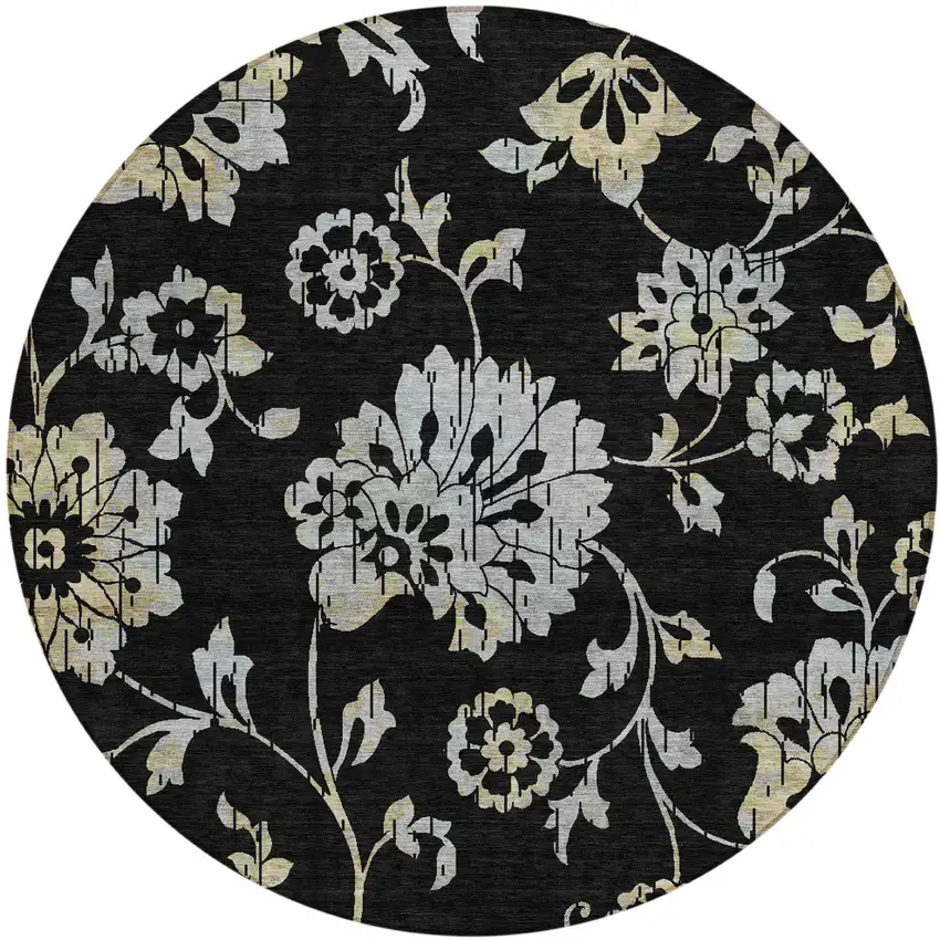 8' Black Artichoke Green And Silver Round Floral Washable Indoor Outdoor Area Rug Photo 2