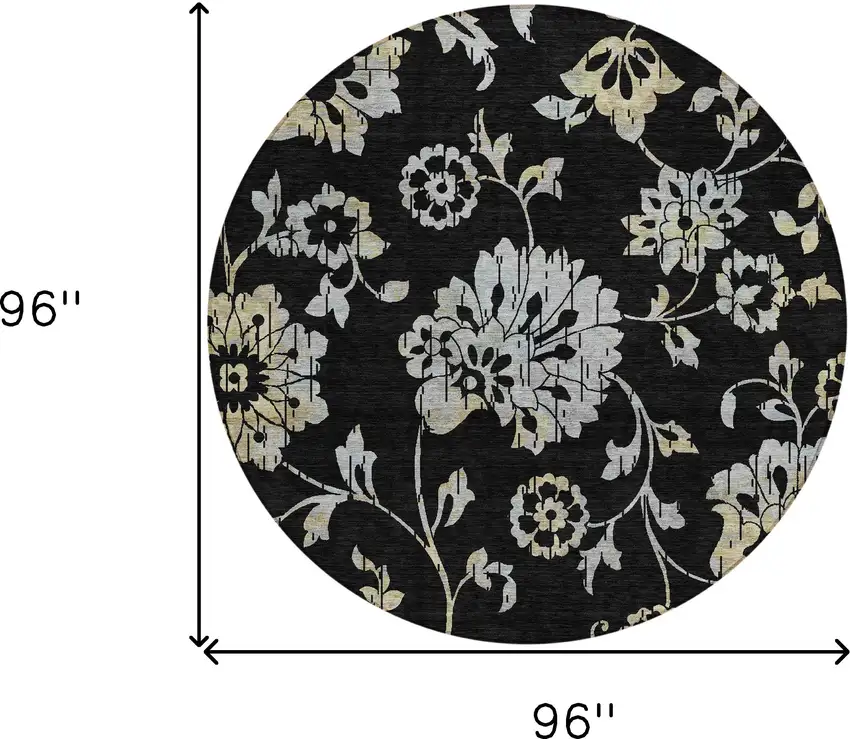 8' Black Artichoke Green And Silver Round Floral Washable Indoor Outdoor Area Rug Photo 3