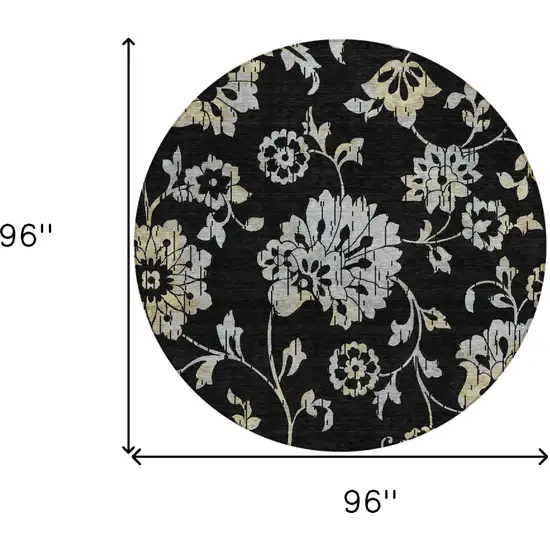 8' Black Artichoke Green And Silver Round Floral Washable Indoor Outdoor Area Rug Photo 3