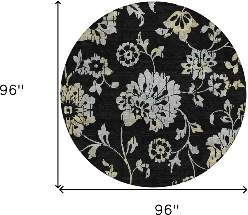 8' Black Artichoke Green And Silver Round Floral Washable Indoor Outdoor Area Rug Photo 3