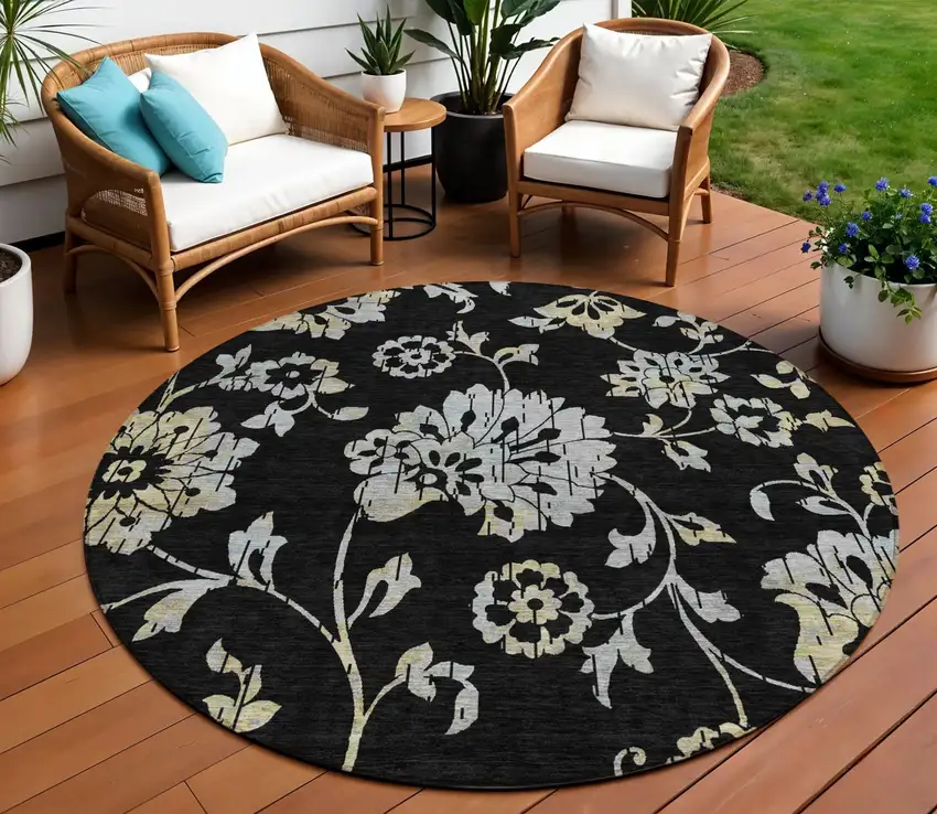 8' Black Artichoke Green And Silver Round Floral Washable Indoor Outdoor Area Rug Photo 1