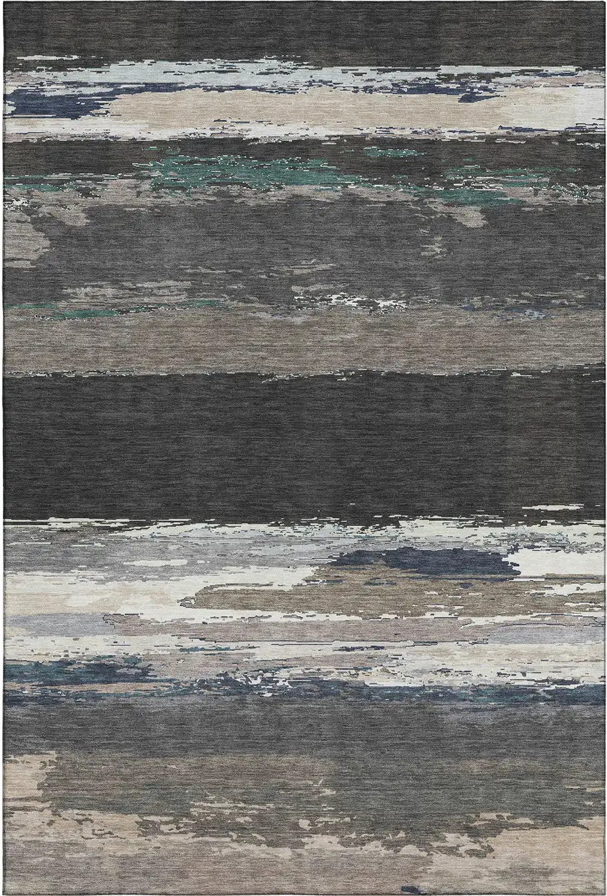 8' Black Beige And Blue Abstract Washable Area Rug With UV Protection Photo 1