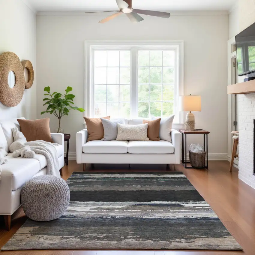 8' Black Beige And Blue Abstract Washable Area Rug With UV Protection Photo 5