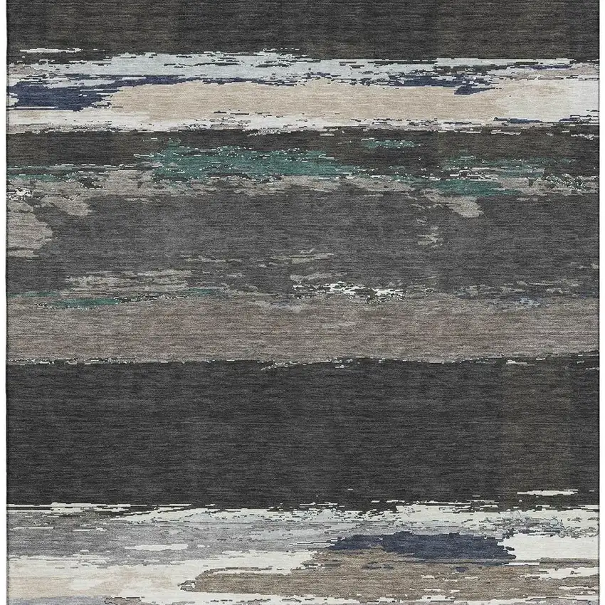 8' Black Beige And Blue Abstract Washable Area Rug With UV Protection Photo 2