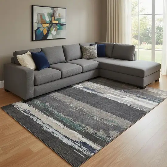 8' Black Beige And Blue Abstract Washable Area Rug With UV Protection Photo 2