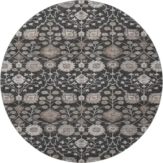 8' Black Beige And Brown Floral Washable Round Rug With UV Protection Photo 3