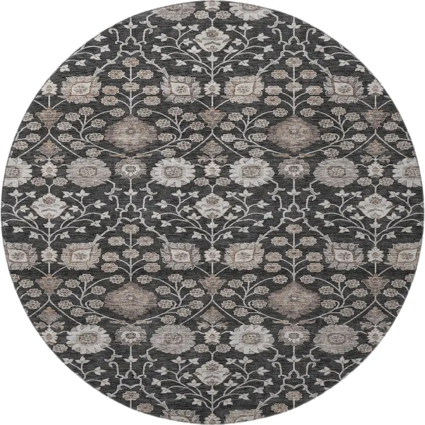 8' Black Beige And Brown Floral Washable Round Rug With UV Protection Photo 3