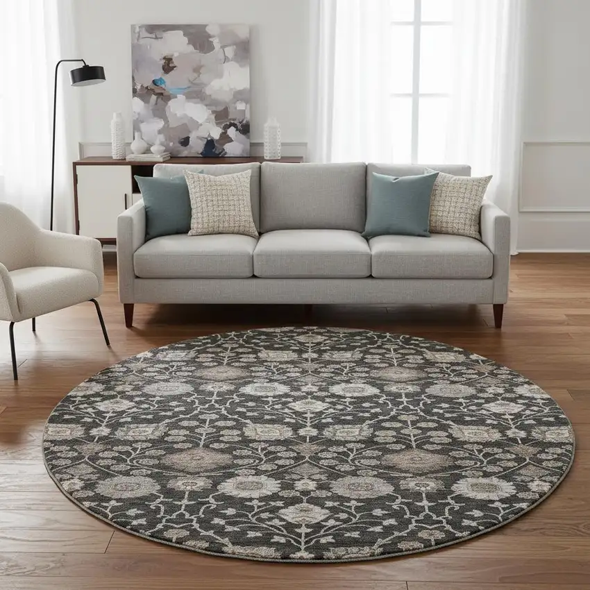 8' Black Beige And Brown Floral Washable Round Rug With UV Protection Photo 2