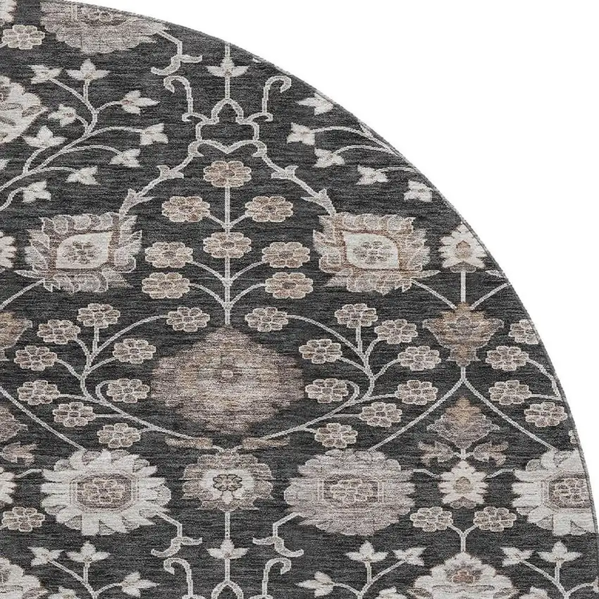 8' Black Beige And Brown Floral Washable Round Rug With UV Protection Photo 2